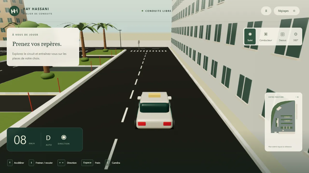 Aperçu du simulateur : la voiture sur le terrain d'examen en 3D